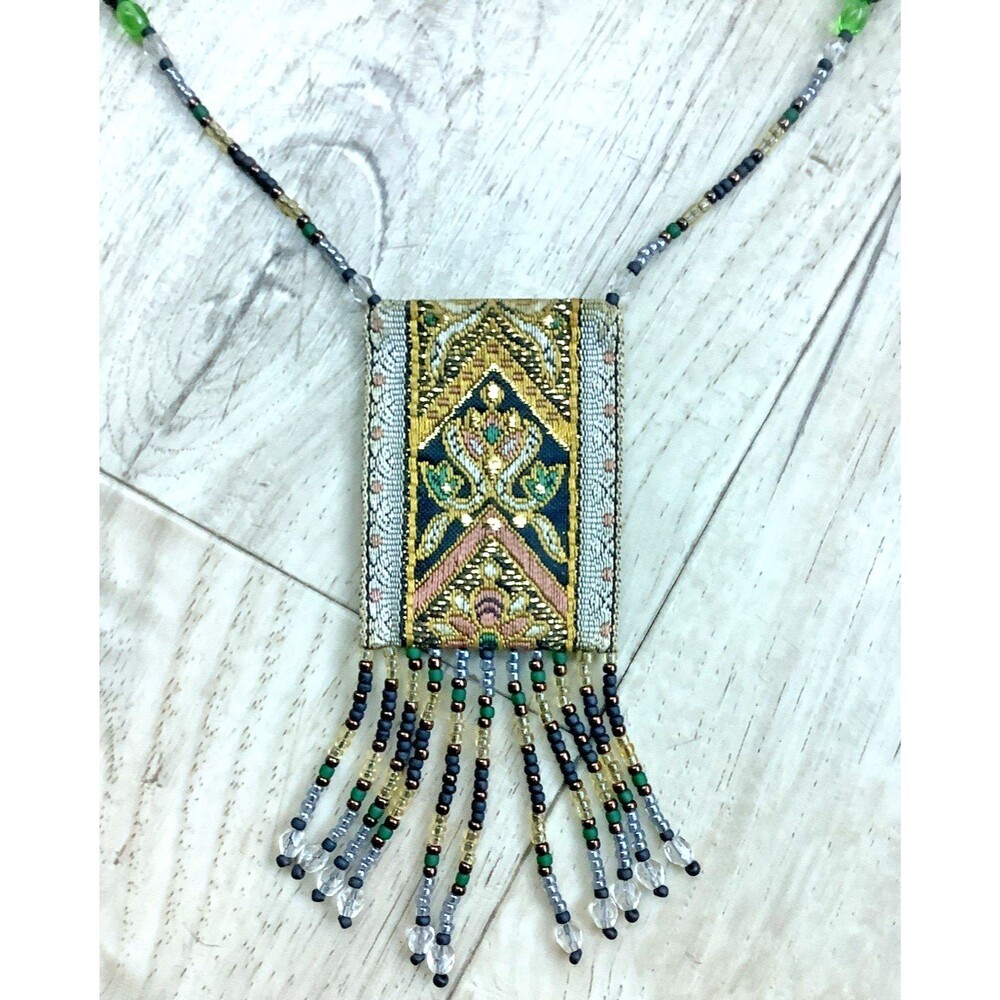 Fringe Pendant Necklace Beaded Crystal Yellow Black Green Glass Boho Artisan